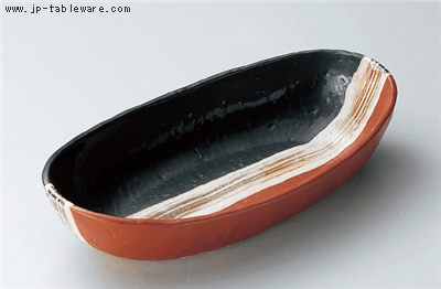 黒朱サビハケ楕円盛鉢