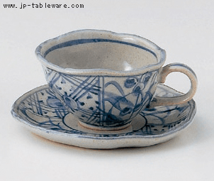 藍染間取花コーヒー皿（碗と受け皿セット）