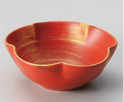 赤釉金彩刷毛目渦花型小鉢